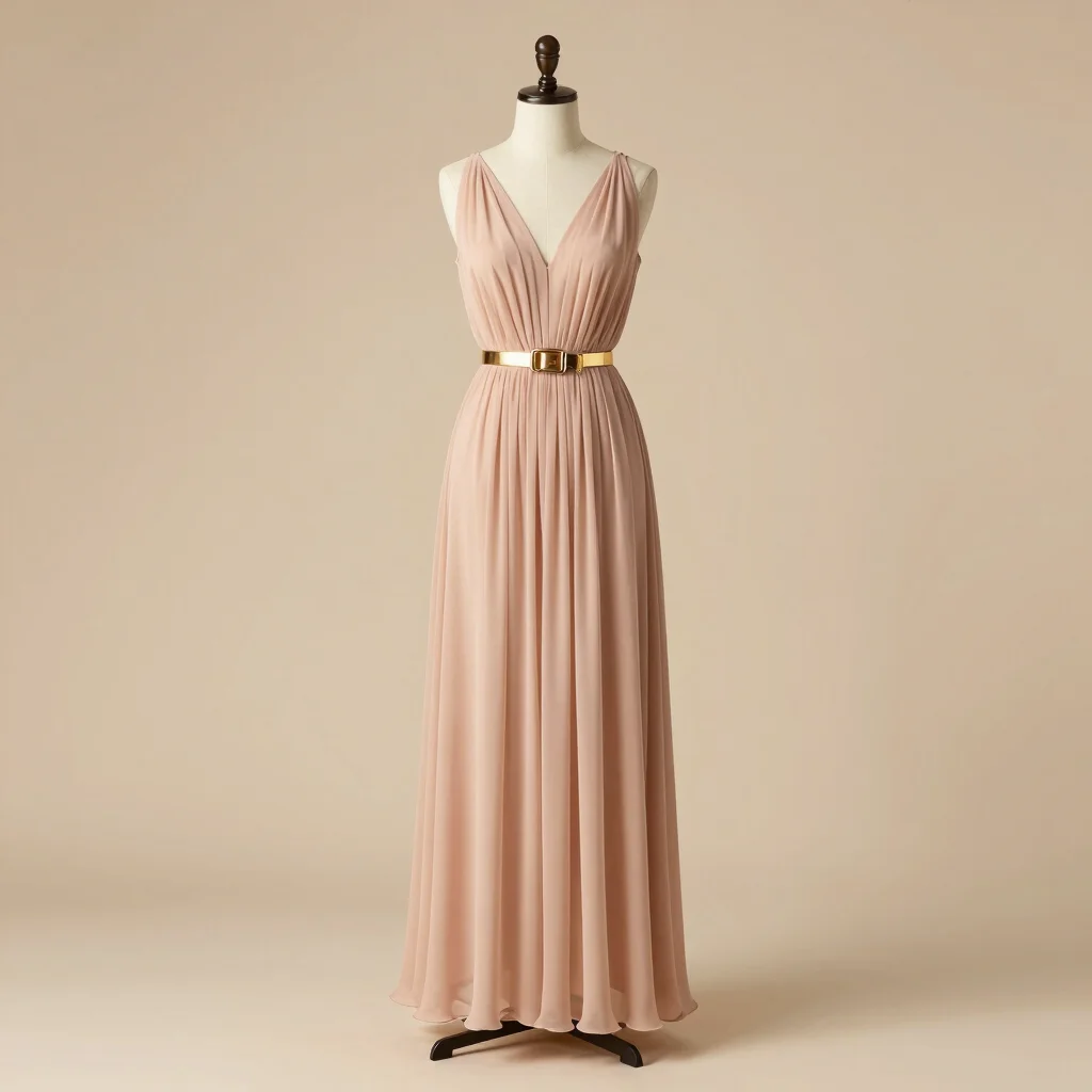 Nude Pleated Chiffon Maxi Dress